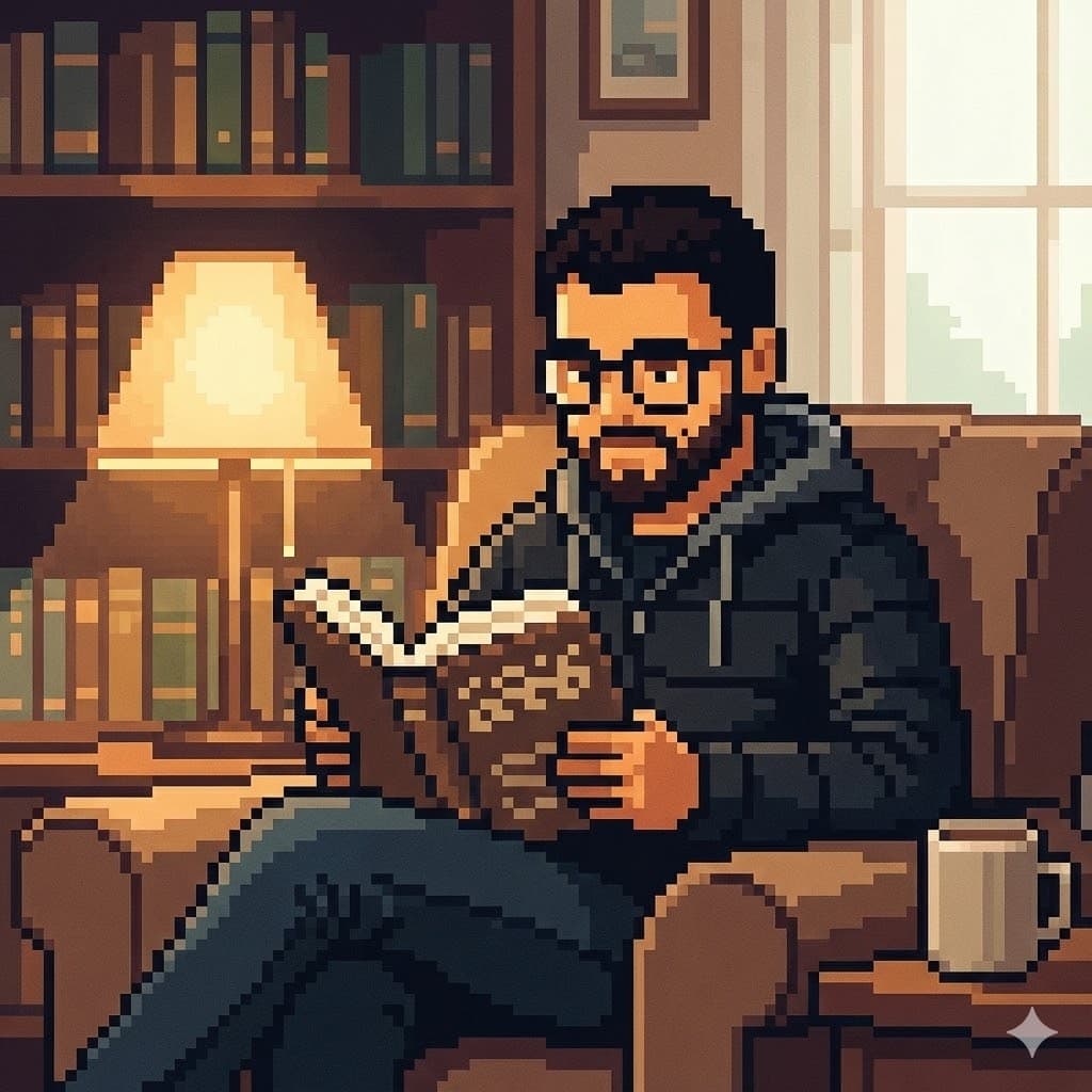 Cartoon Alpi reading a book